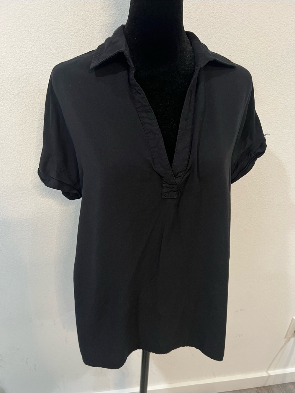 Casa Cabana Black Rayon Popover Blouse Collared Short Sleeve Relaxed Boho Size M